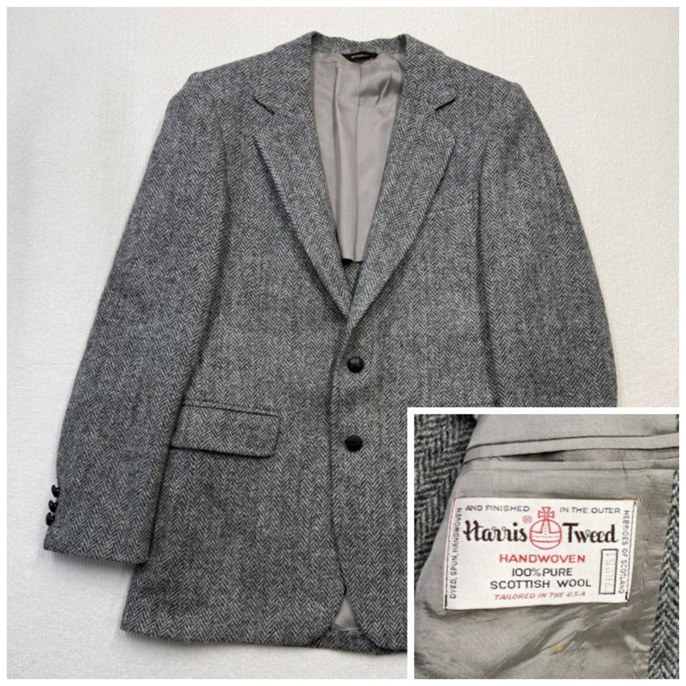 Vintage Harris Tweed Wool Blazer Mens 37R? Gray Herringbone Sport Coat USA